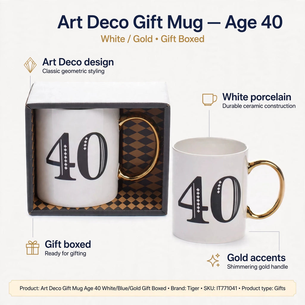 Infographic showing features of the Art Deco gift mug, including design and material details