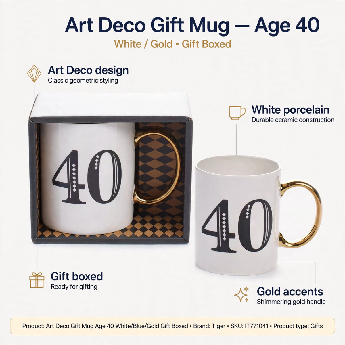 Infographic showing features of the Art Deco gift mug, including design and material details