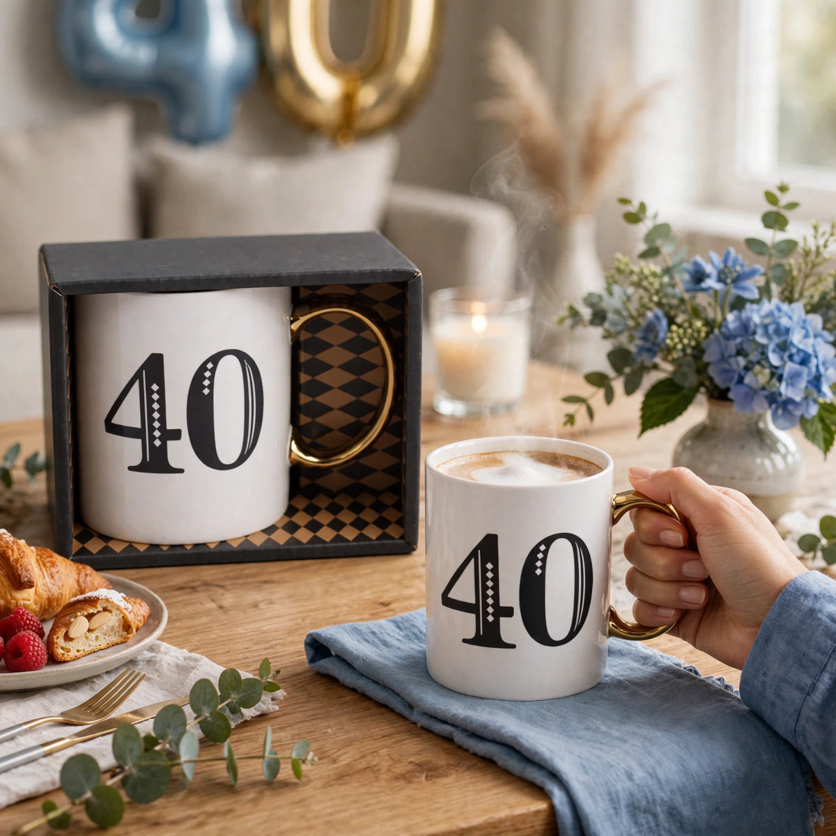Art Deco gift mug being used during a 40th birthday celebration with coffee