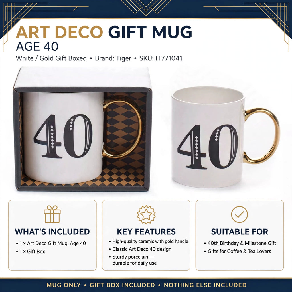Key details about the Art Deco gift mug for age 40, highlighting its unique design