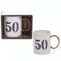 Art Deco 50th Birthday Gift Mug in white, blue, and gold design with geometric patterns