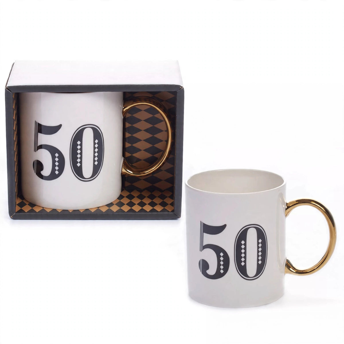 Art Deco 50th Birthday Gift Mug in white, blue, and gold design with geometric patterns