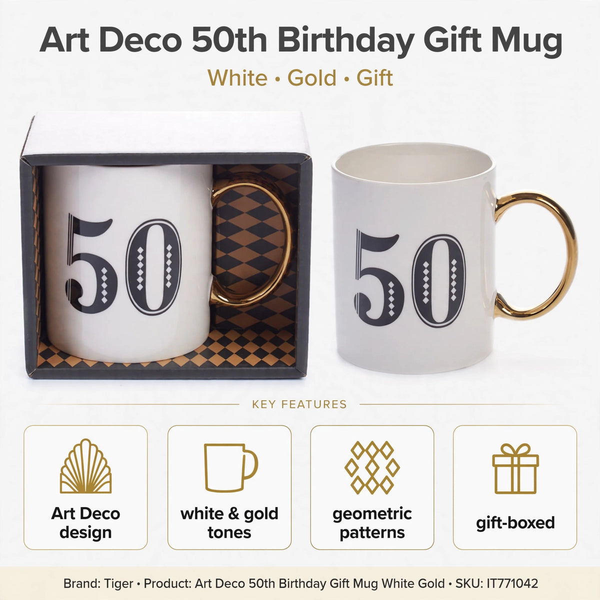 Infographic showcasing features of the Art Deco 50th Birthday Gift Mug