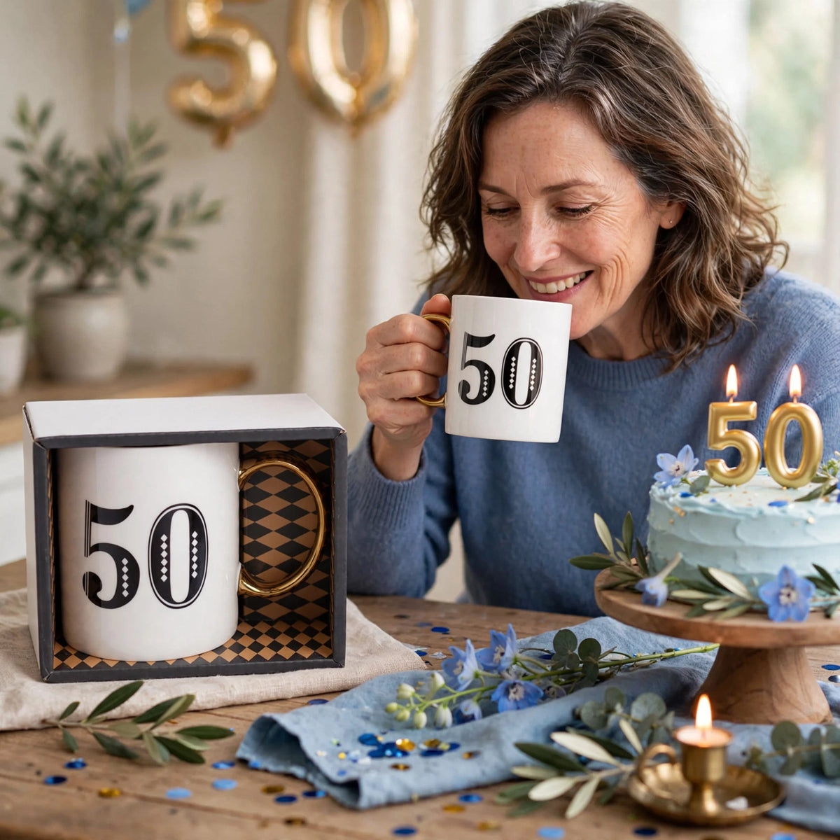 Art Deco 50th Birthday Gift Mug displayed with other birthday celebration items