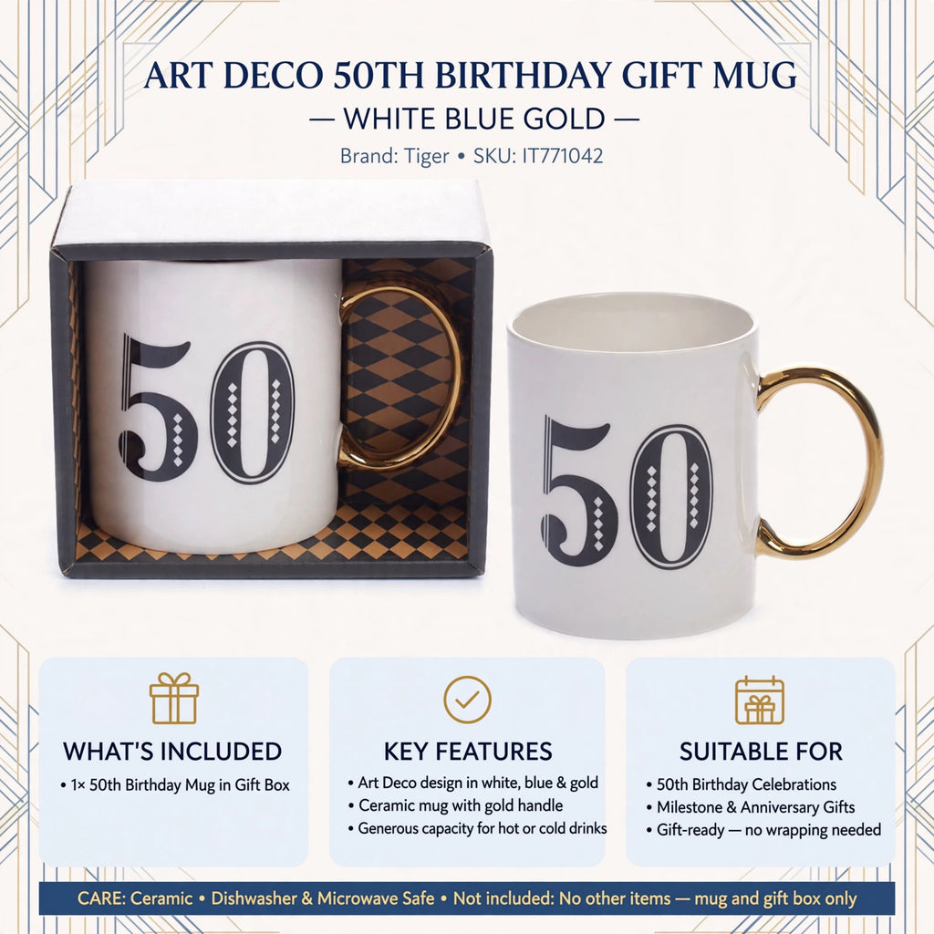 Art Deco 50th Birthday Gift Mug presented in a gift box, ready for gifting