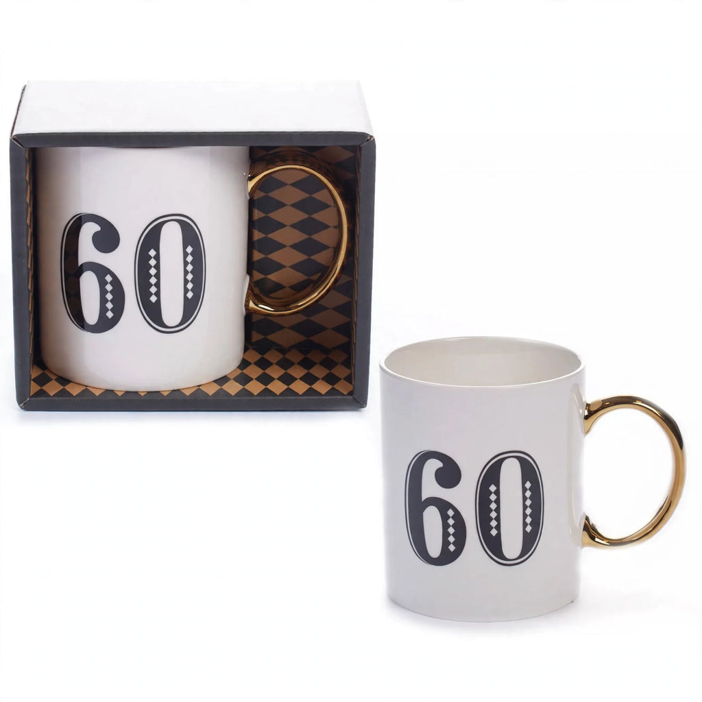 Art Deco Gift Mug Age 60 in white, blue, and gold design