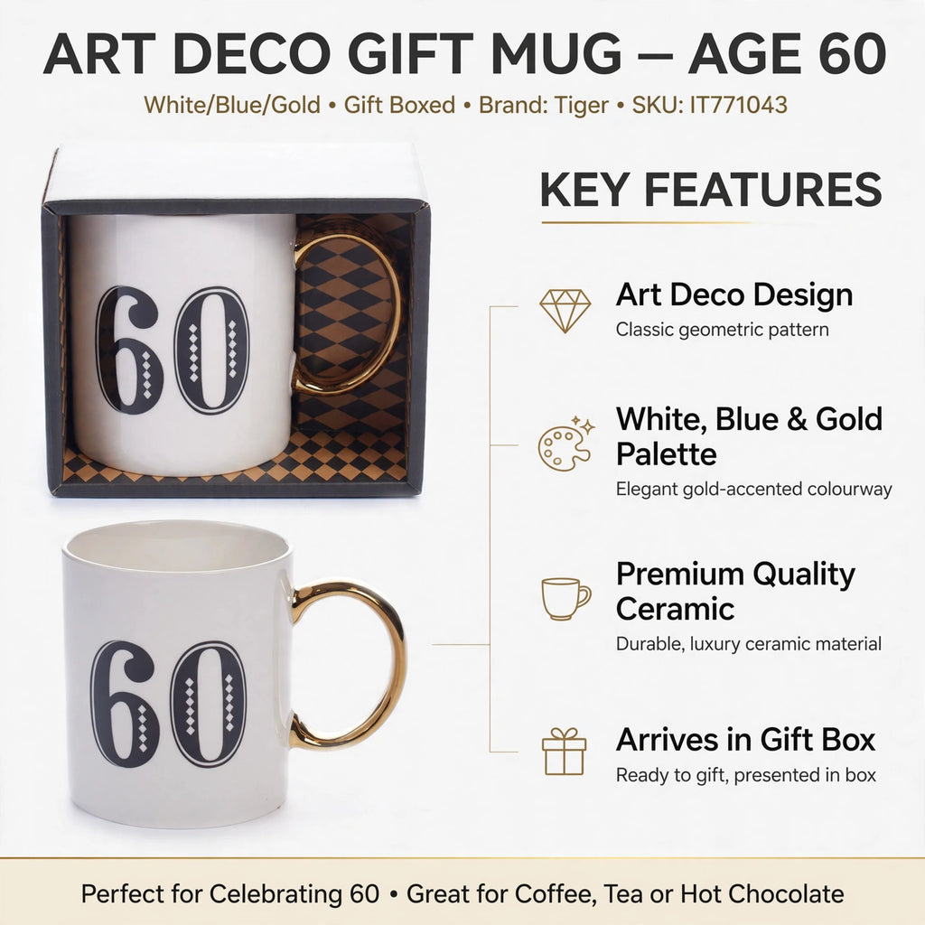 Features of the Art Deco Gift Mug Age 60 in various angles