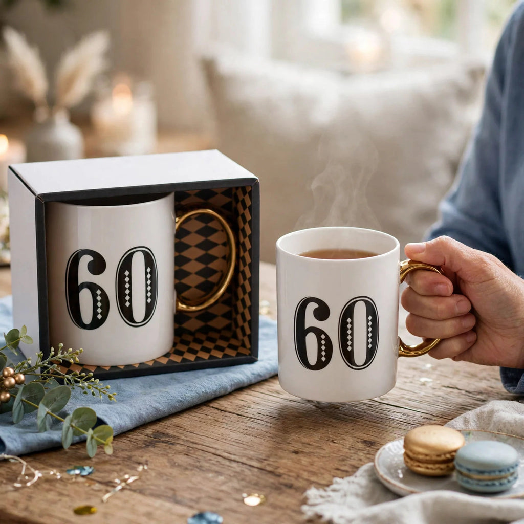 Art Deco Gift Mug Age 60 displayed in a festive birthday setting