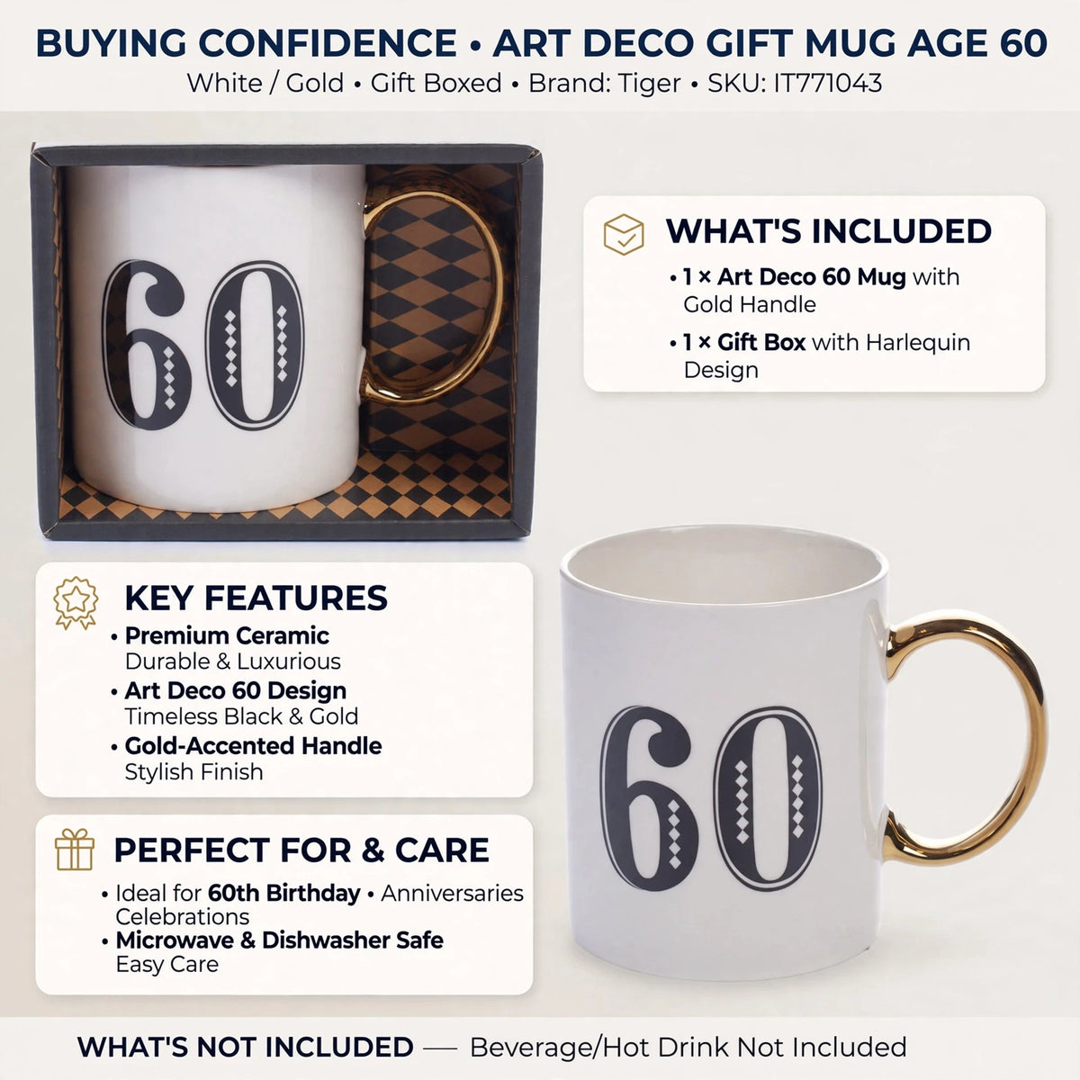 Art Deco Gift Mug Age 60 packaged in an elegant gift box