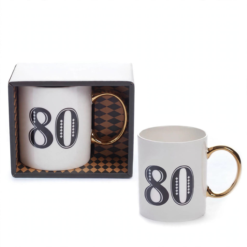 Art Deco gift mug designed for an 80th birthday in white, blue, and gold