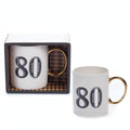 Art Deco gift mug designed for an 80th birthday in white, blue, and gold