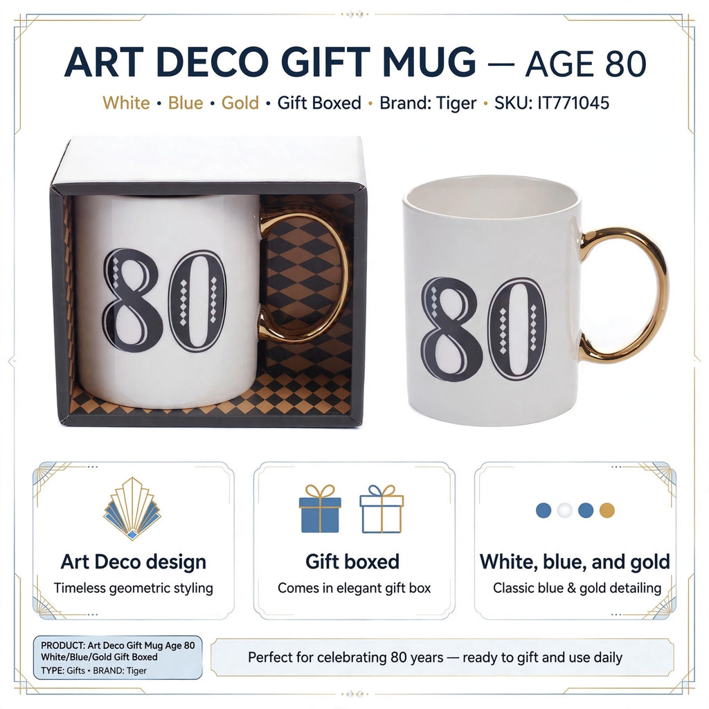 Features of the Art Deco gift mug celebrating age 80