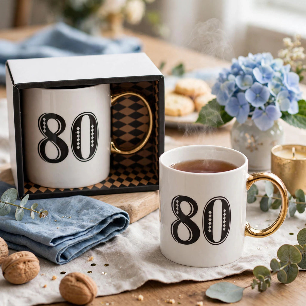 Art Deco gift mug displayed in an elegant setting for an 80th birthday