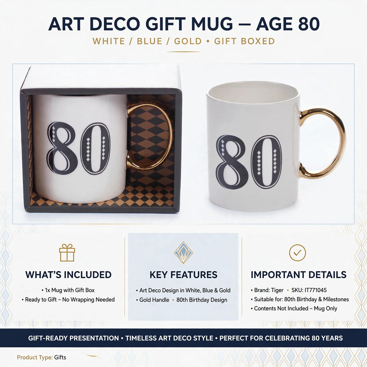 Gift-ready presentation of the Art Deco mug in an elegant box