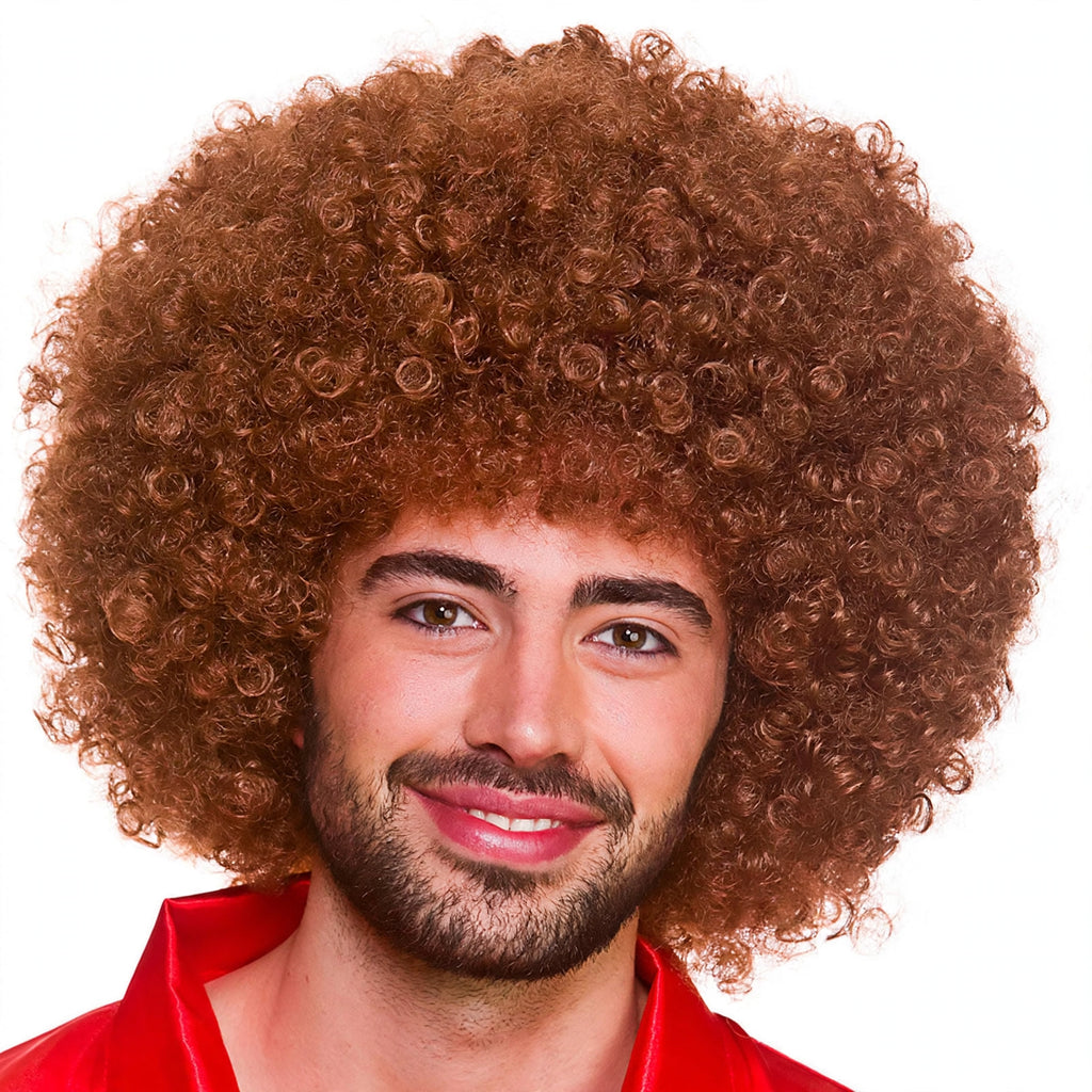 Close-up view of the Unisex Giant Brown Afro Wig showing its afro texture and brown colour