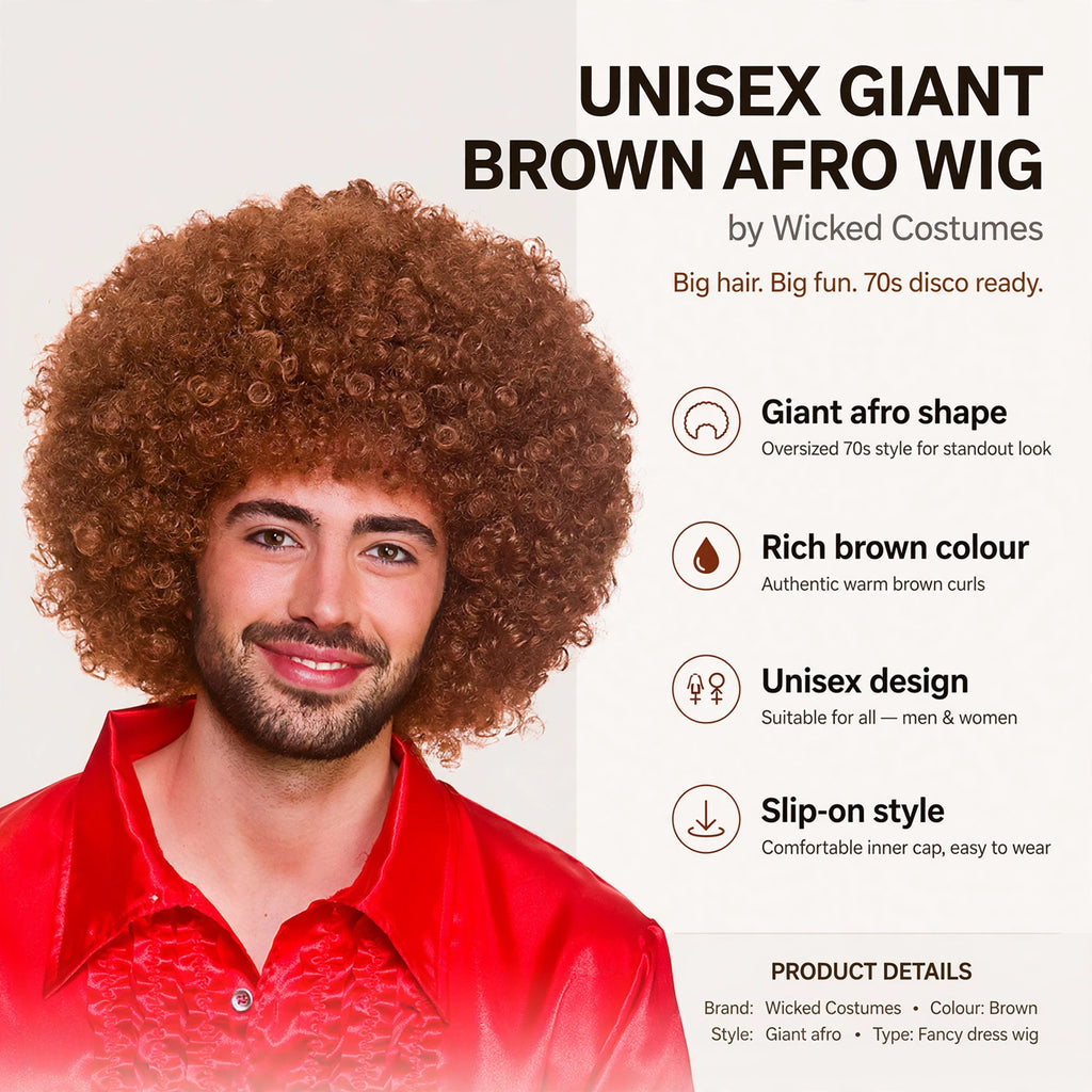 Features include giant afro shape, rich brown colour, unisex design, and slip-on style
