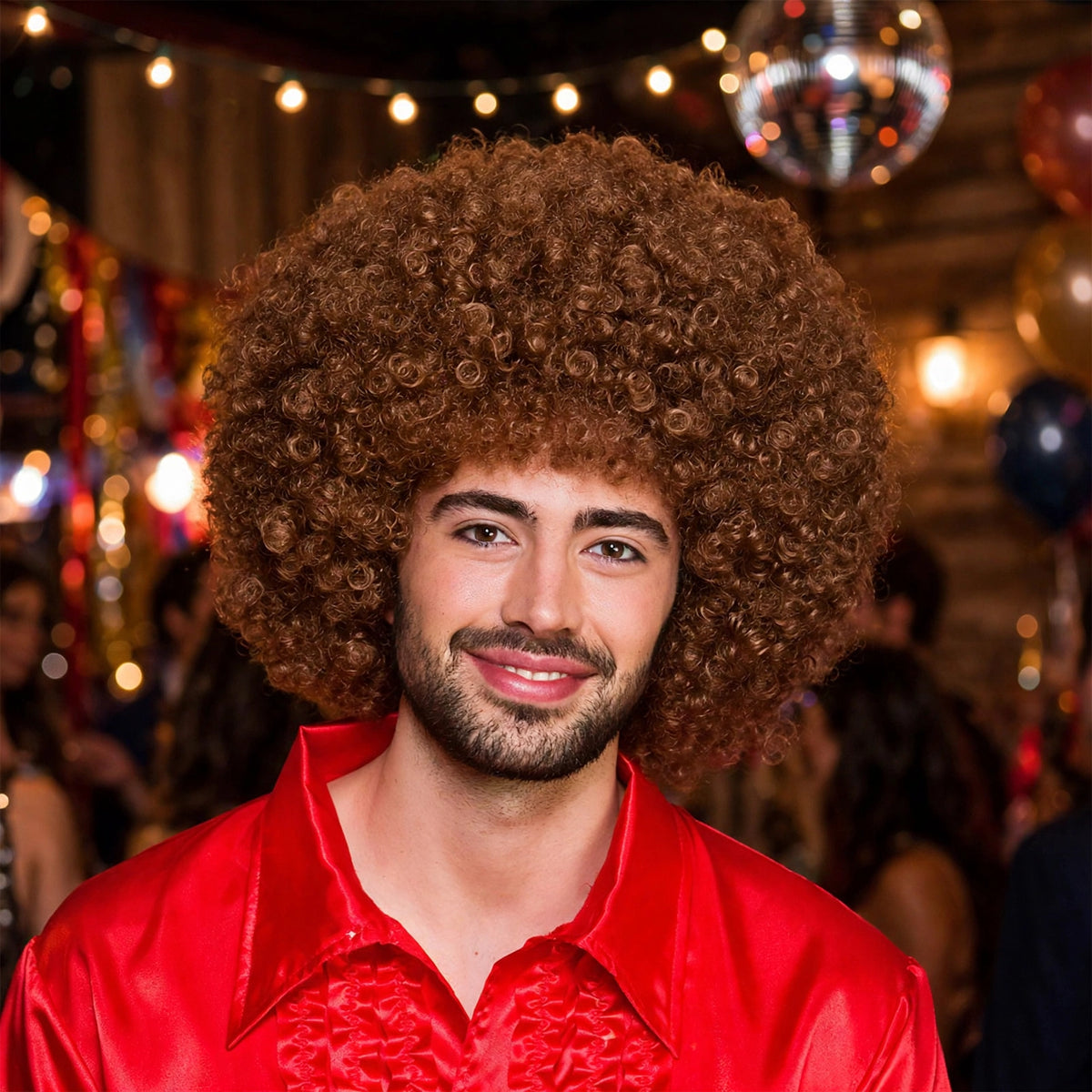Person wearing the Unisex Giant Brown Afro Wig at a fancy dress party
