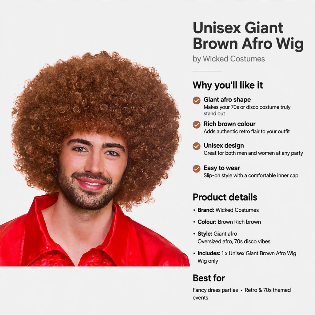 Wicked Costumes Unisex Giant Brown Afro Wig designed for easy wear with a comfortable inner cap