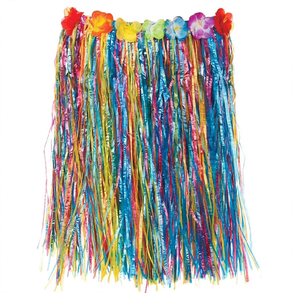 Detail view of multicoloured grass-effect fringe and elasticated waist on Hawaiian hula skirt