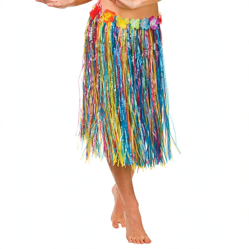 Unisex multicoloured Hawaiian hula skirt with elasticated waist and 60cm length