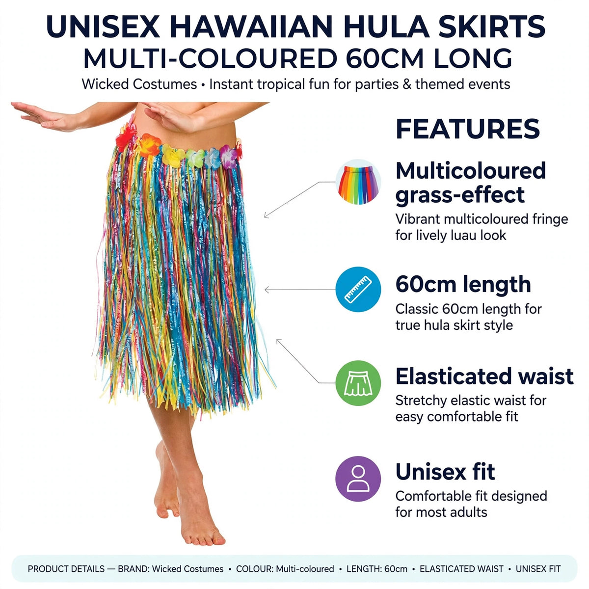 Infographic showing multicoloured grass-effect fringe, 60cm length, elasticated waist, and unisex fit