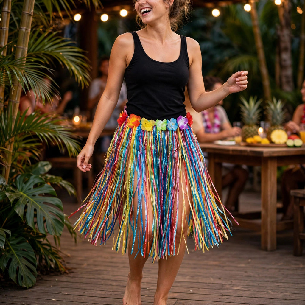 Multicoloured Hawaiian hula skirt worn at a tropical themed party
