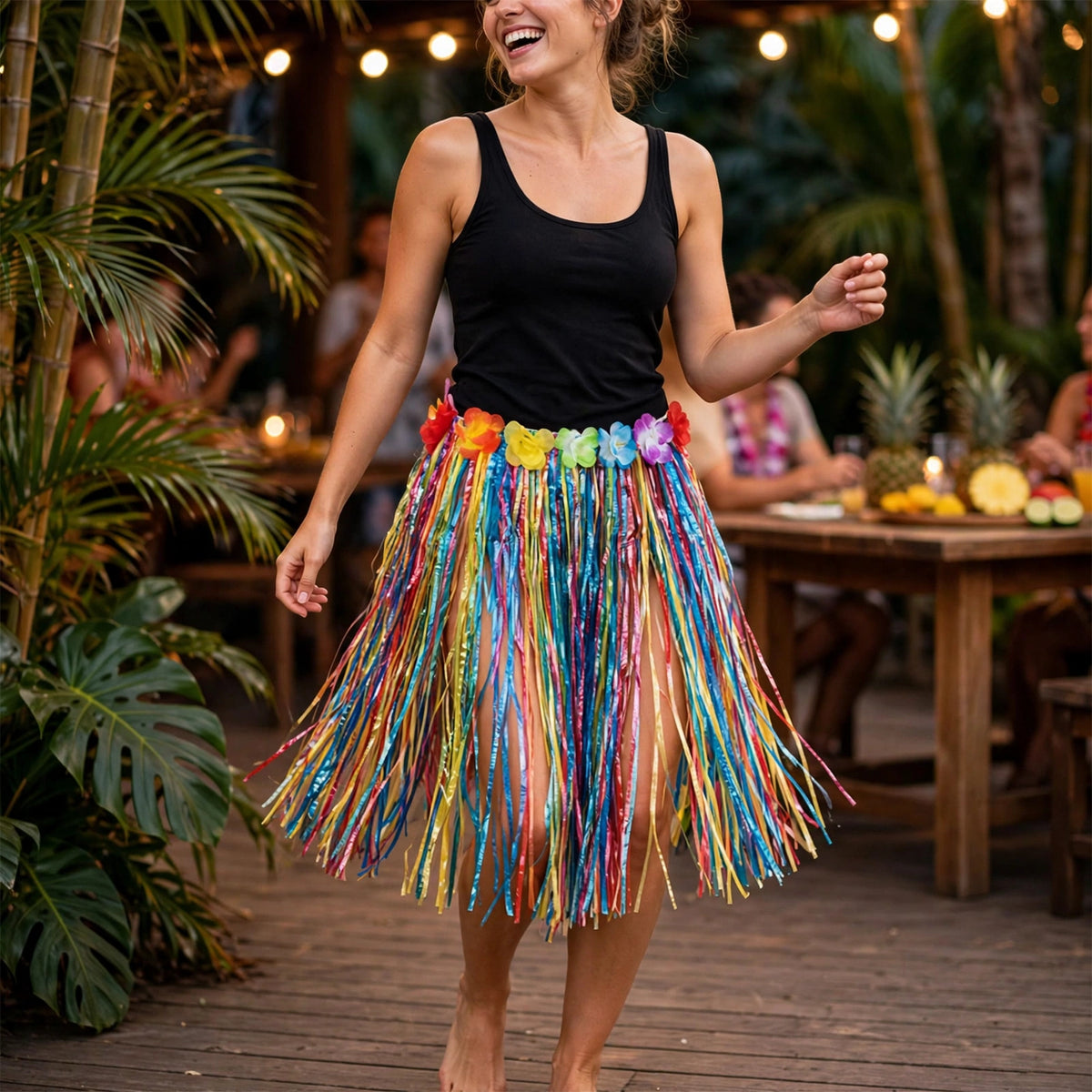Multicoloured Hawaiian hula skirt worn at a tropical themed party