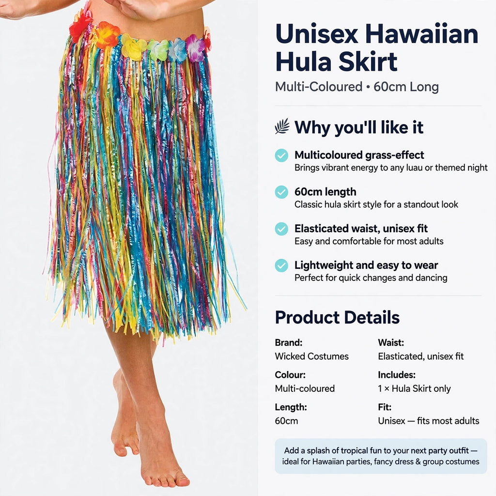 Information on elasticated waist for unisex fit and 60cm skirt length