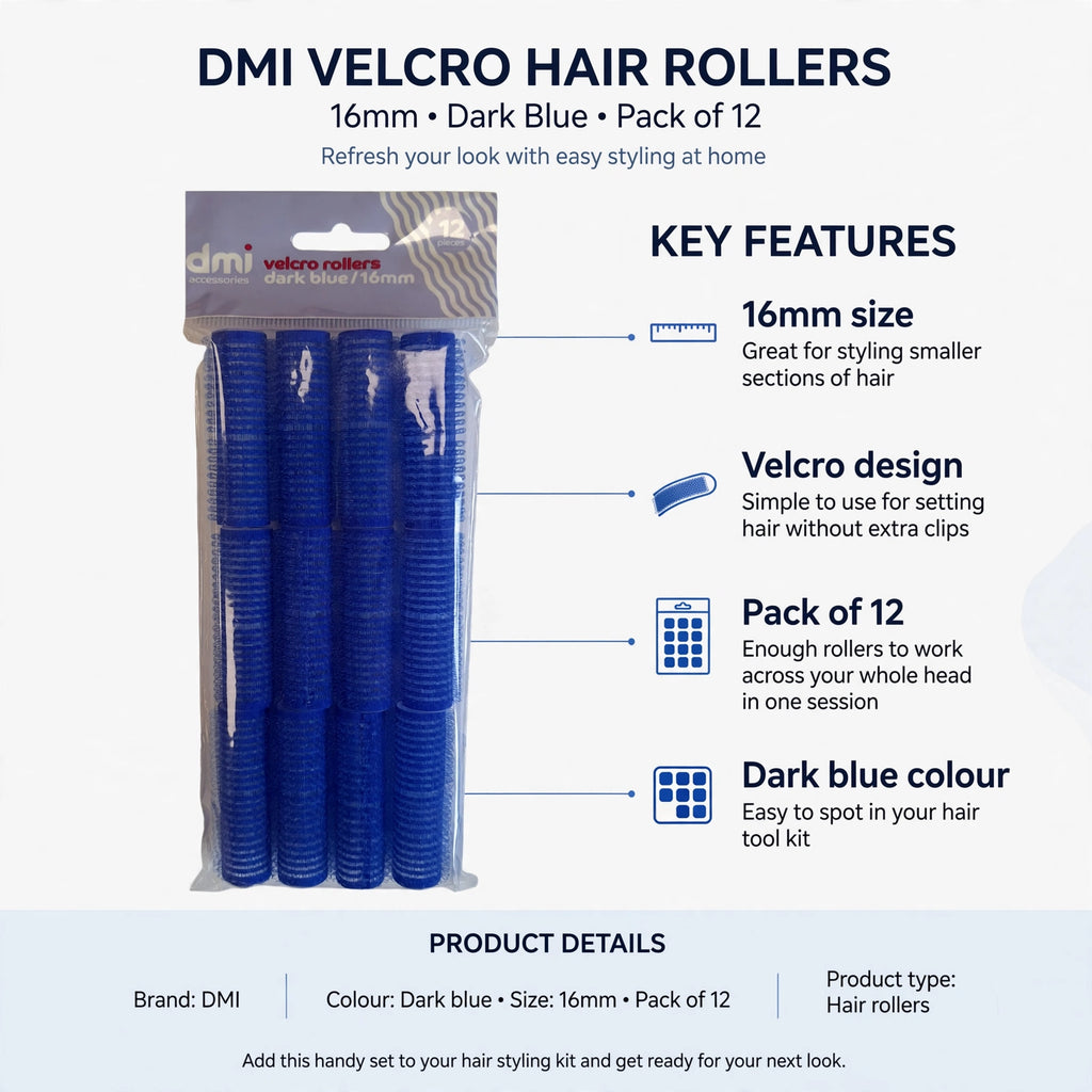Infographic showing 16mm size, velcro design, pack of 12, and dark blue colour features