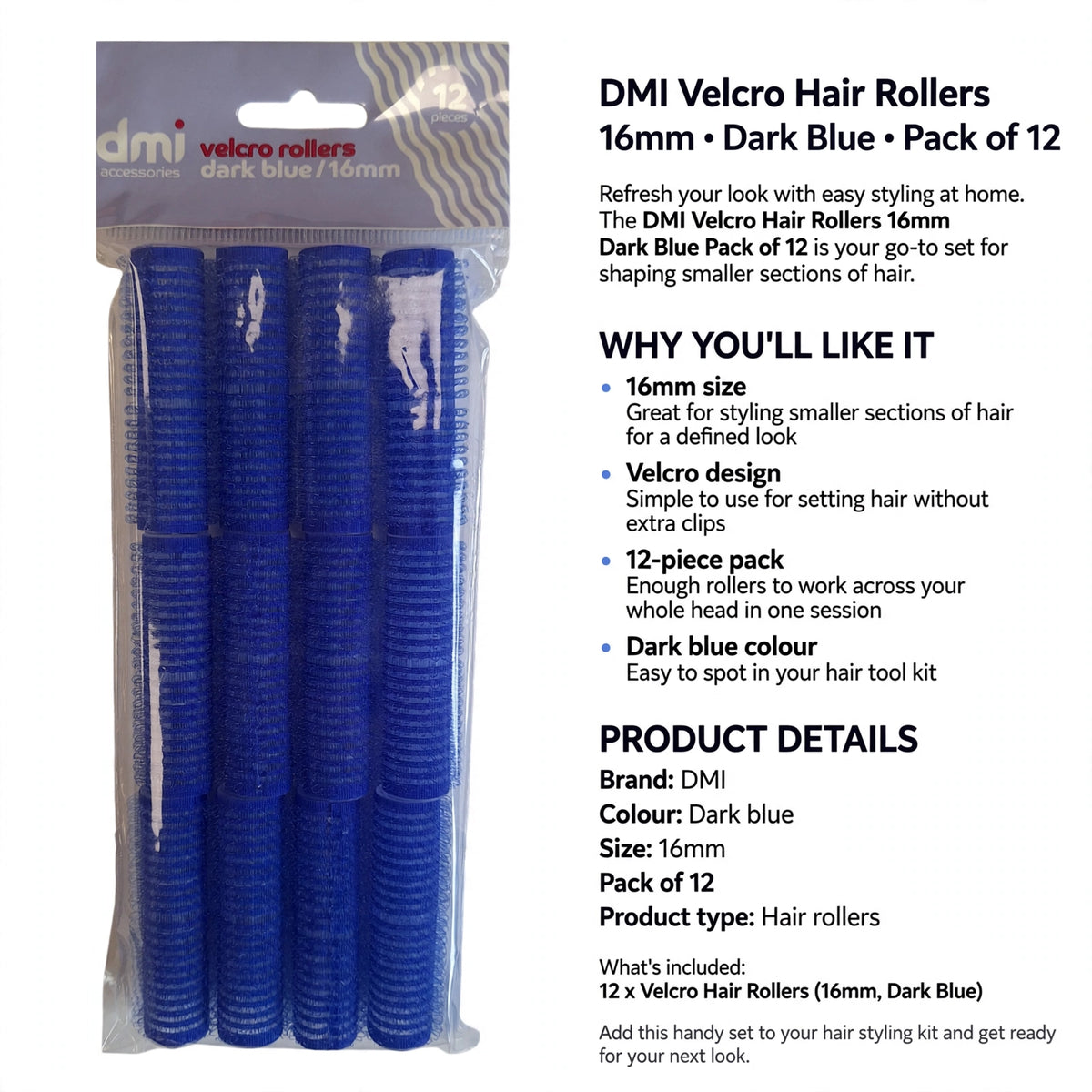 Set of 12 velcro hair rollers sized 16mm in dark blue for styling smaller hair sections