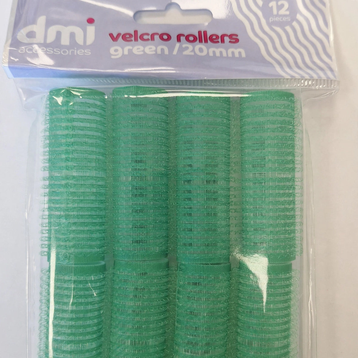 Close-up view of green Velcro surface on 20mm hair roller