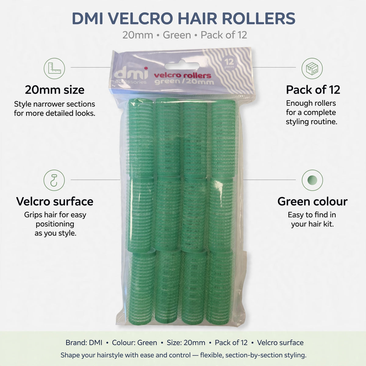 Infographic showing 20mm size, pack of 12, velcro surface, and green colour features