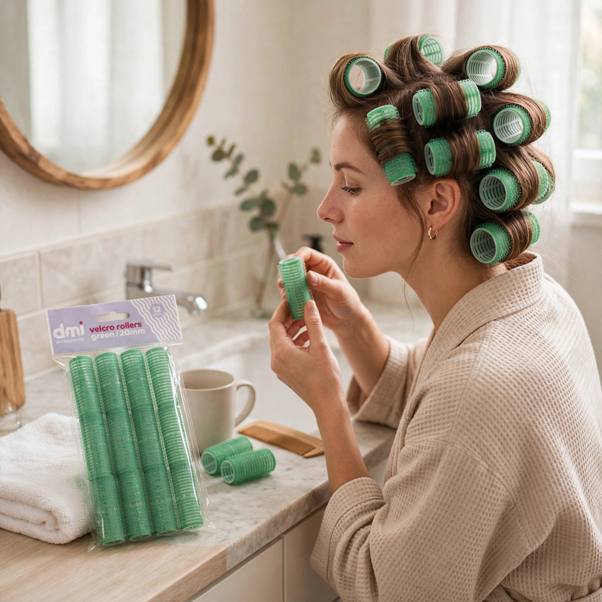 Green Velcro hair rollers used for styling smaller sections of hair