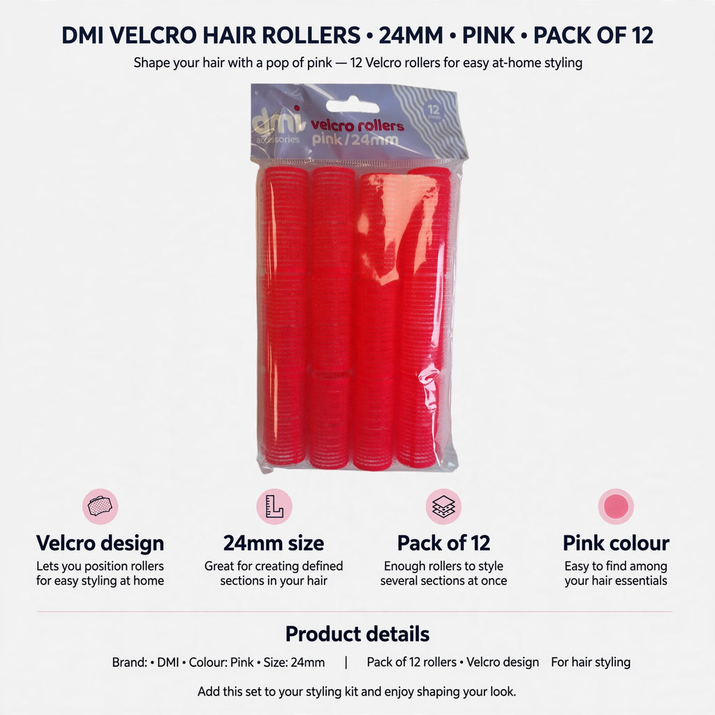 Infographic showing Velcro design, 24mm size, pack of 12, and pink colour features