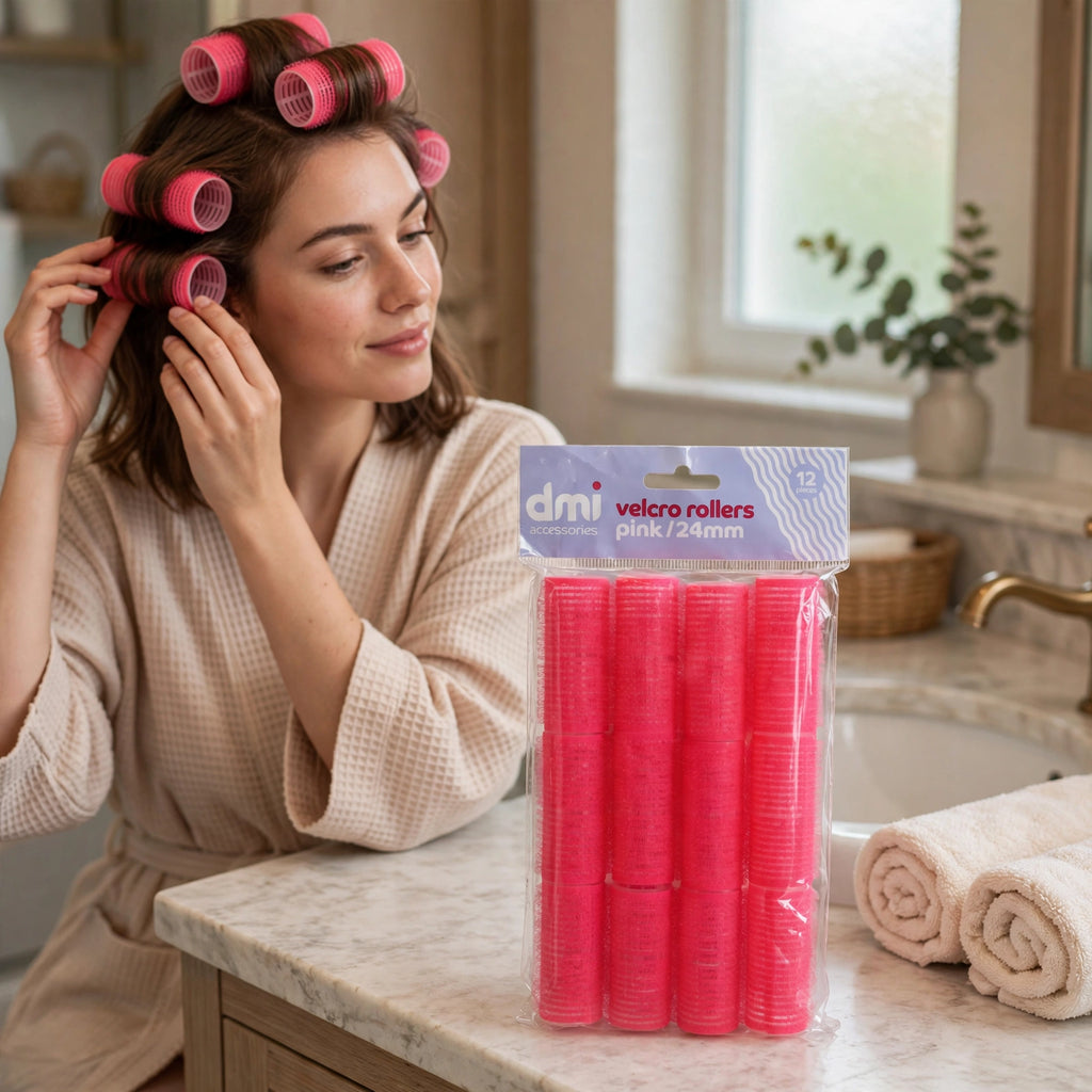 Pink Velcro hair rollers used for styling hair at home