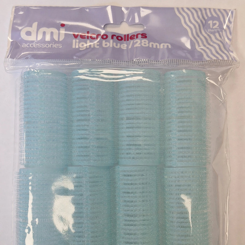 Close-up view of light blue Velcro hair roller showing 28mm size