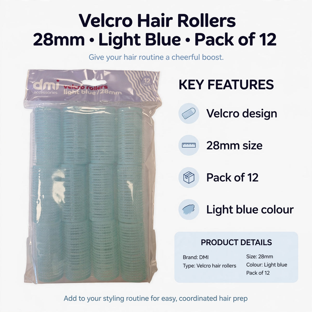 Infographic showing Velcro design, 28mm size, pack of 12, and light blue colour features
