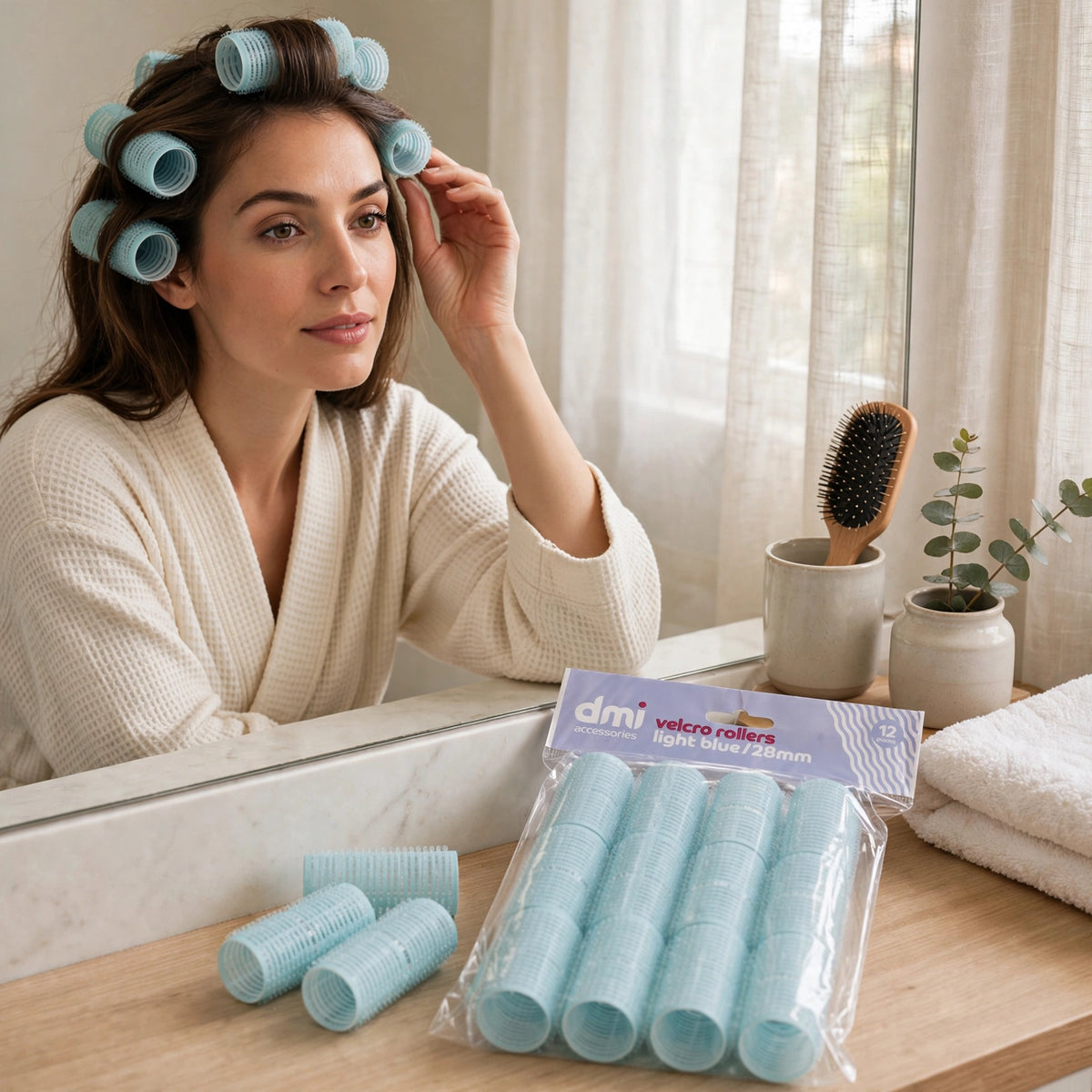 Velcro hair rollers used for sectioning and rolling hair in styling routine