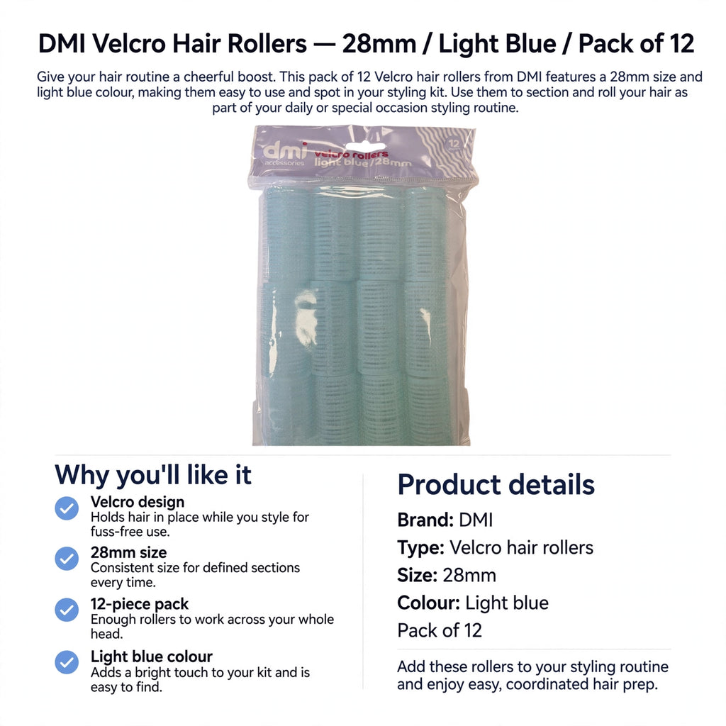 Velcro hair rollers pack of 12 with consistent 28mm size and light blue colour for styling