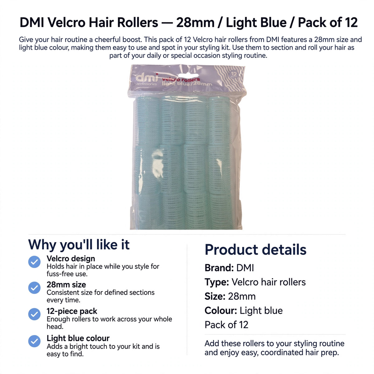 Velcro hair rollers pack of 12 with consistent 28mm size and light blue colour for styling