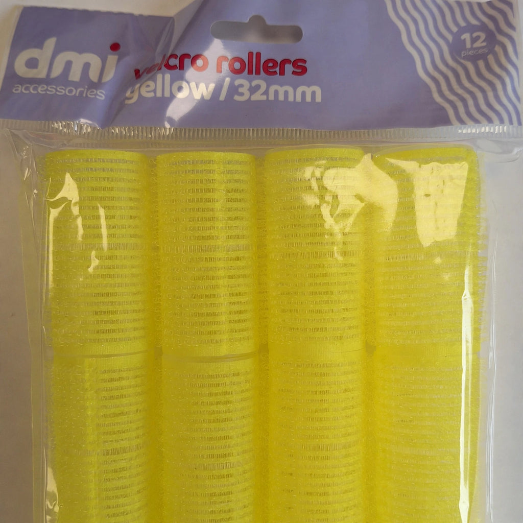 Close-up view of yellow Velcro hair roller showing texture and size