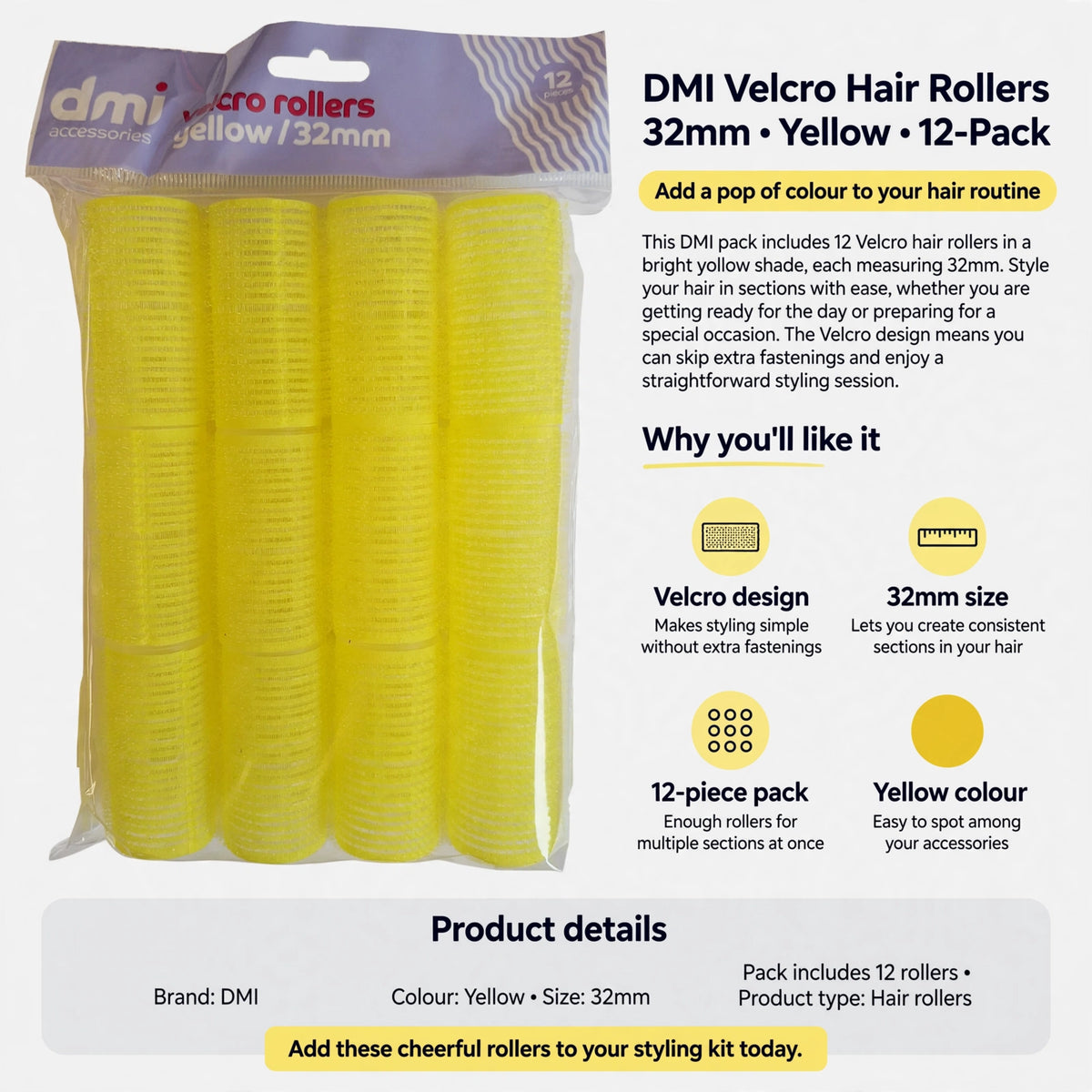 Infographic showing Velcro design, 32mm size, 12 rollers, and yellow colour features