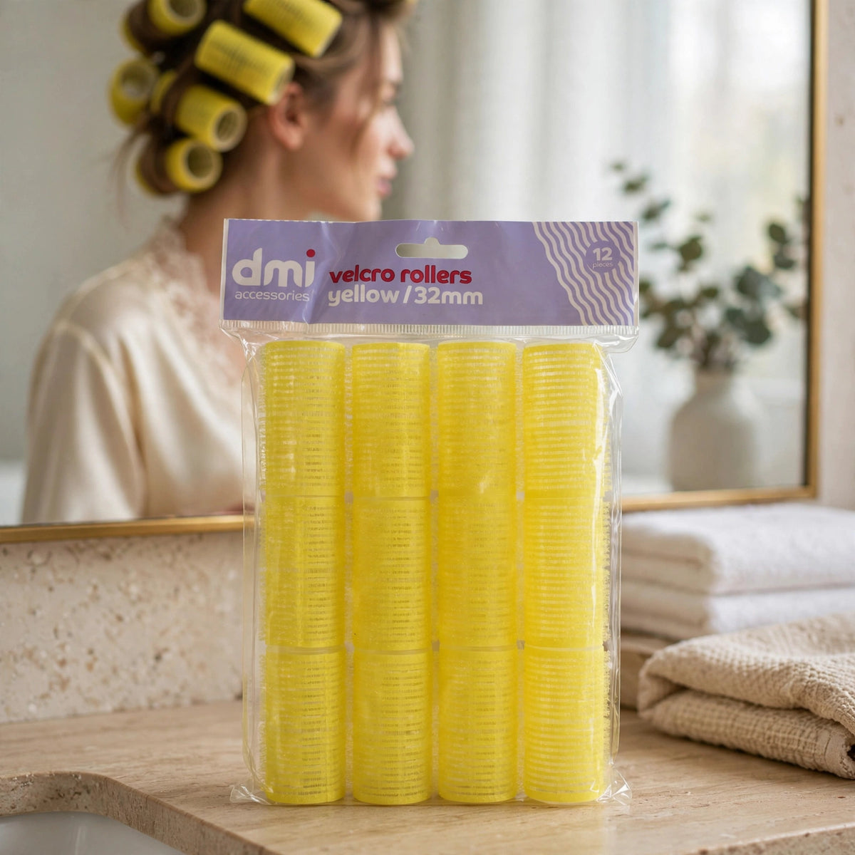 Yellow Velcro hair rollers used for styling hair sections