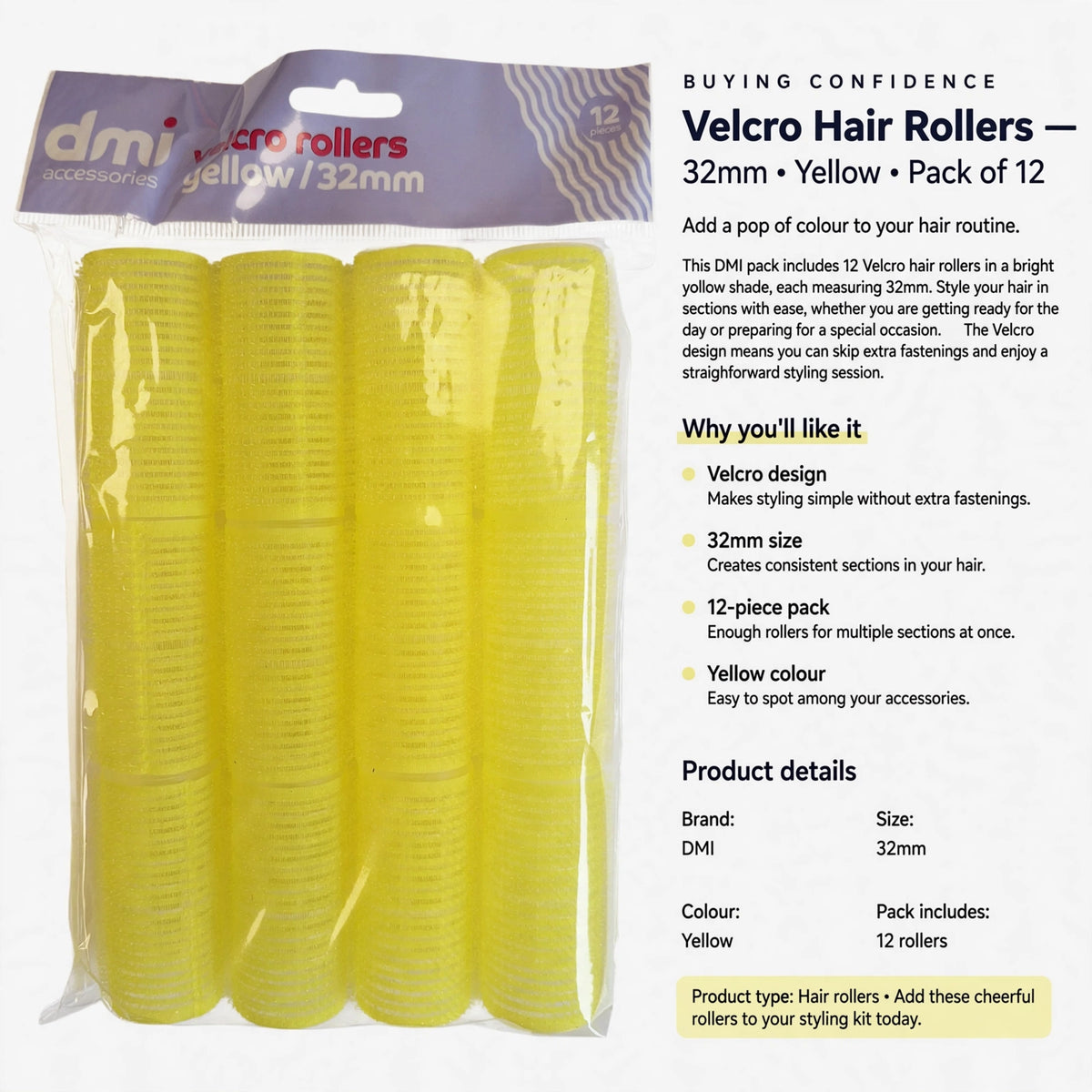 Pack includes 12 yellow Velcro hair rollers sized 32mm for styling multiple hair sections