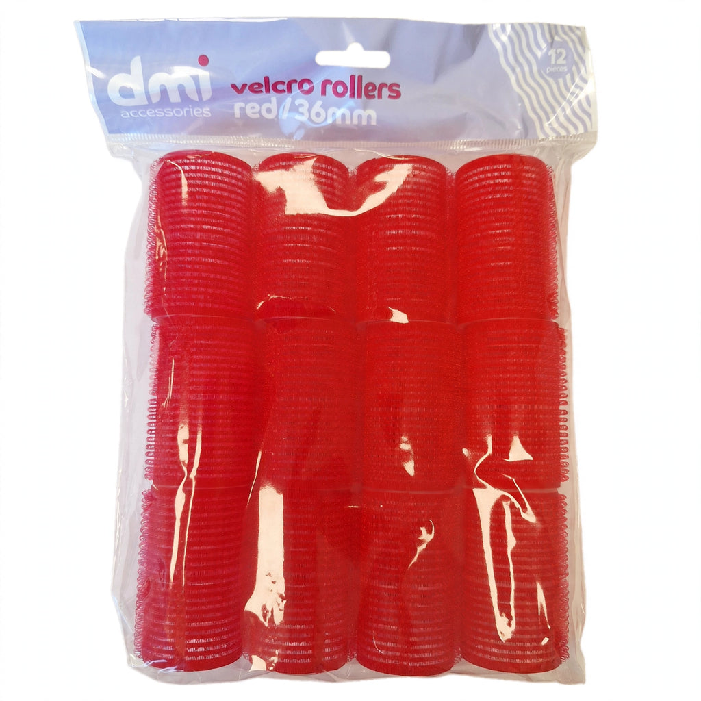 Pack of 12 red Velcro hair rollers with 36mm diameter