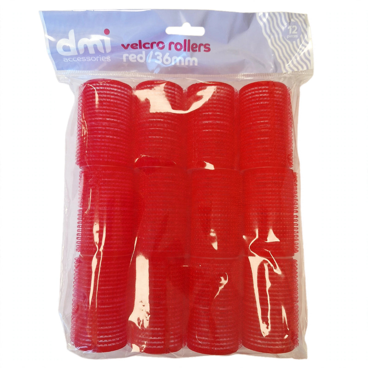 Pack of 12 red Velcro hair rollers with 36mm diameter