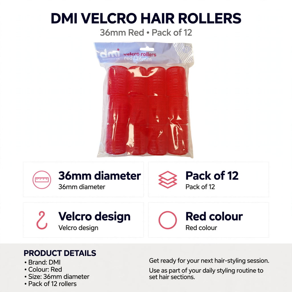 Infographic showing 36mm diameter, pack of 12, Velcro design, and red colour features