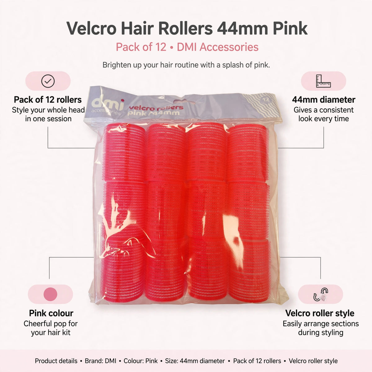 Infographic showing pack of 12 pink Velcro hair rollers with 44mm diameter