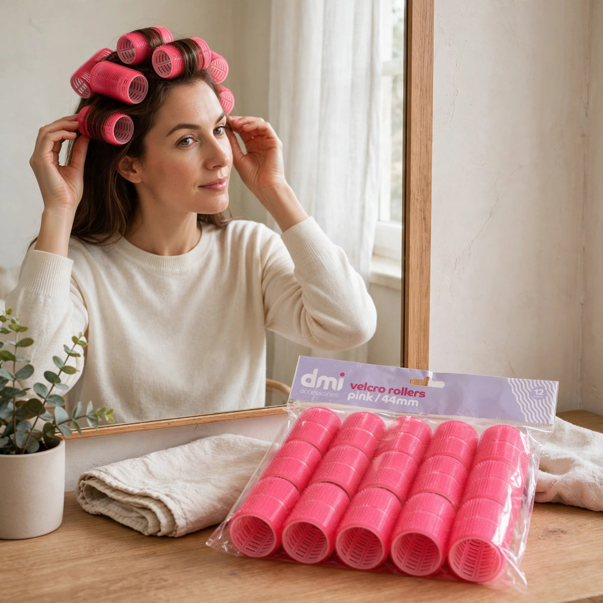 Pink Velcro hair rollers used for styling hair at home