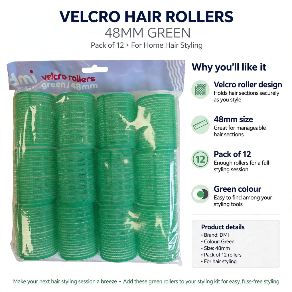 Infographic showing Velcro roller design, 48mm size, pack of 12, and green colour features